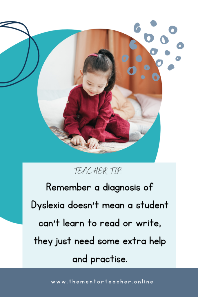 Picture of a young girl reading by herself next to a quote which says "remember a diagnosis of Dyslexia doesn't mean a student can't learn to read or write.