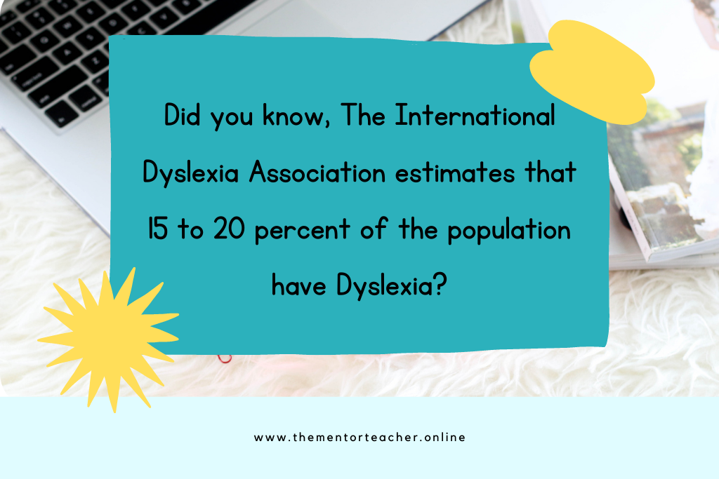 A quote which says " Did you know, The International Dyslexia Assoication esitmates that 15 to 20 percent of the population have Dyslexia? Quote sits on a flat lay of a desk.
