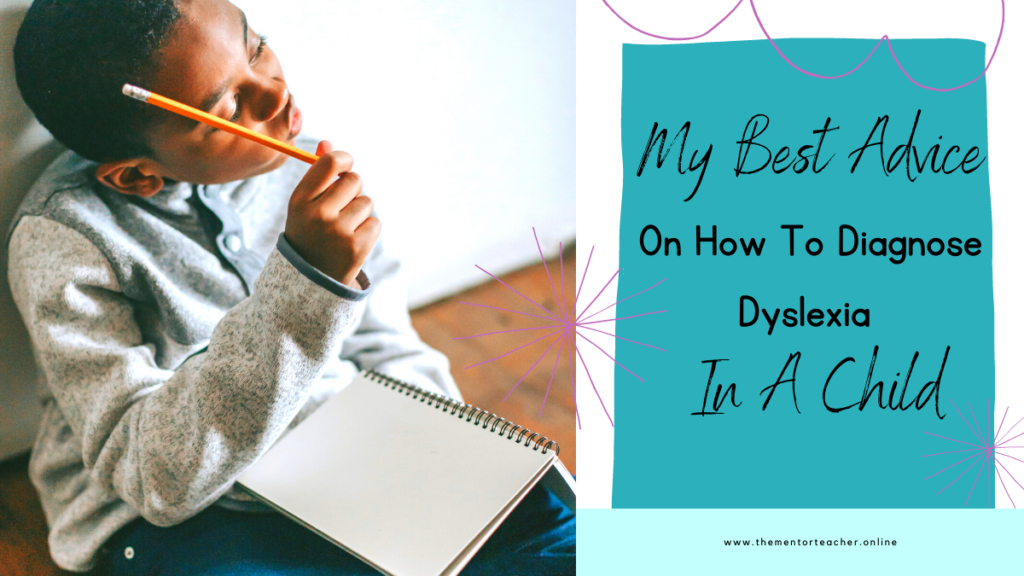 A picture of a boy struggling to write with a  look of deep concentration on his face. The picture is next to text which says My Best Advice on How to Diagnose Dyslexia in a Child. -diagnose-dyslexia-in-a-child