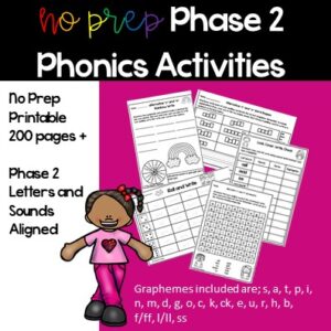 clipart girl on a pink background with 5 different phase 2 phonics worksheets. Title says no prep phase 2 phonics worksheets.