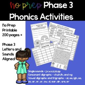 A picture of a clip art student on a purple background. Behind her are 5 pictures of the phonics worksheets phase 3. The title says no prep phase 3 phonics activities.