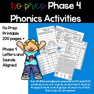 a clip art student on a blue background withphonics-worksheet-phase-4 worksheets. Title says no prep phase 4 phonics activities