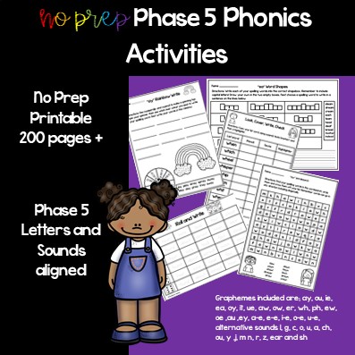 A clip art picture of a student on a purple background with 5 different phonics-worksheet-phase-5 activities. The Title says Phase 5 Phonics Activities