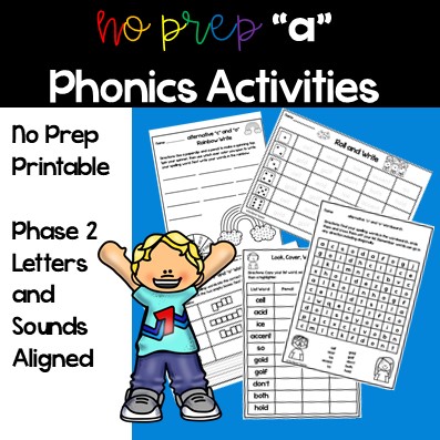 picture of a clip art boy next to 5 different a phoncis worksheets with the title " no prep a phonics activities, phase 2 letters and sounds aligned.