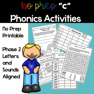 a clip art boy on a teal background next to 5 different c phonics worksheets. The title says no prep c phonics activities