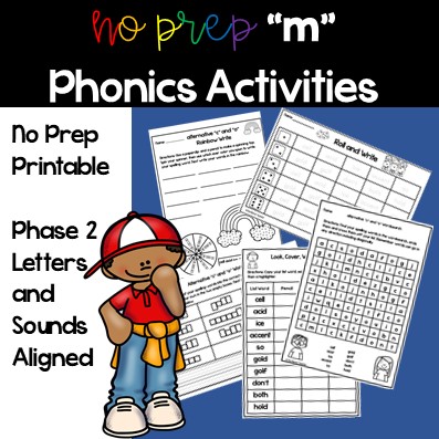a clip art boy on a blue background with 5 different m phonics worksheets. The title says no prep m phonics activities. Phase 2 letters and sounds.