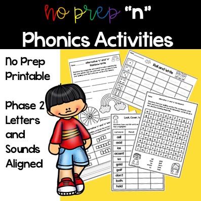 a clip art boy on a yellow backgrounds stands next to 5 different n phonics activities. The title says no prep n phonics activities. Phase 2 letters and sounds aligned.