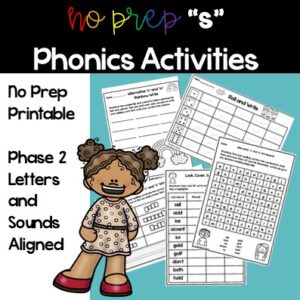 a clip art girl stands next to 5 s phonics activities. The title says No prep s phonics activities, phase 2 letters and sounds aligned.