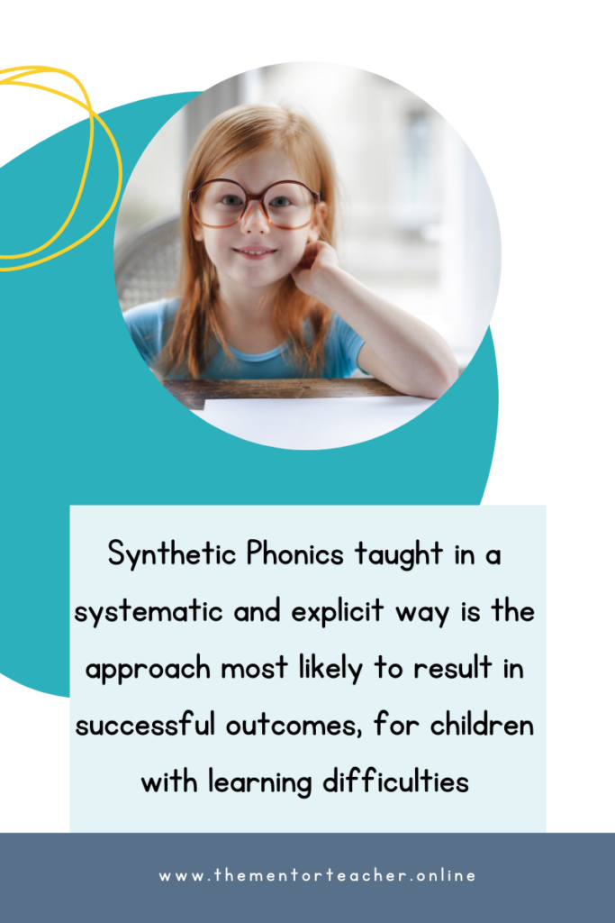 a picture of a girl reading in a circle next to text which says Synthetic Phonics, taught in a systematic and explicit way, is the approach most likely to result in successful outcomes. 