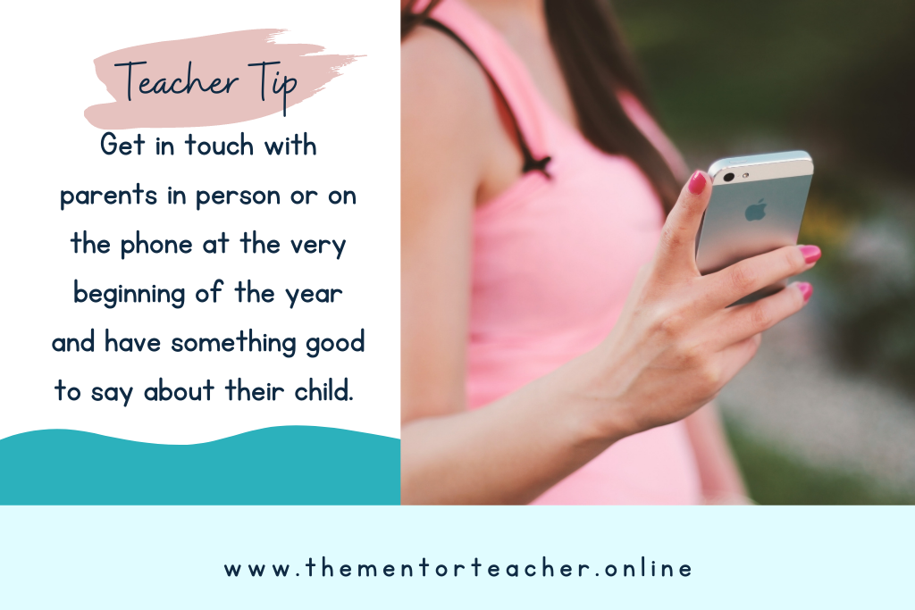 a picture of a lady with pink nails on her iphone next to a quote that says, teachers tip make sure to call parents at the beginning of the year with something positive to say about their child. 